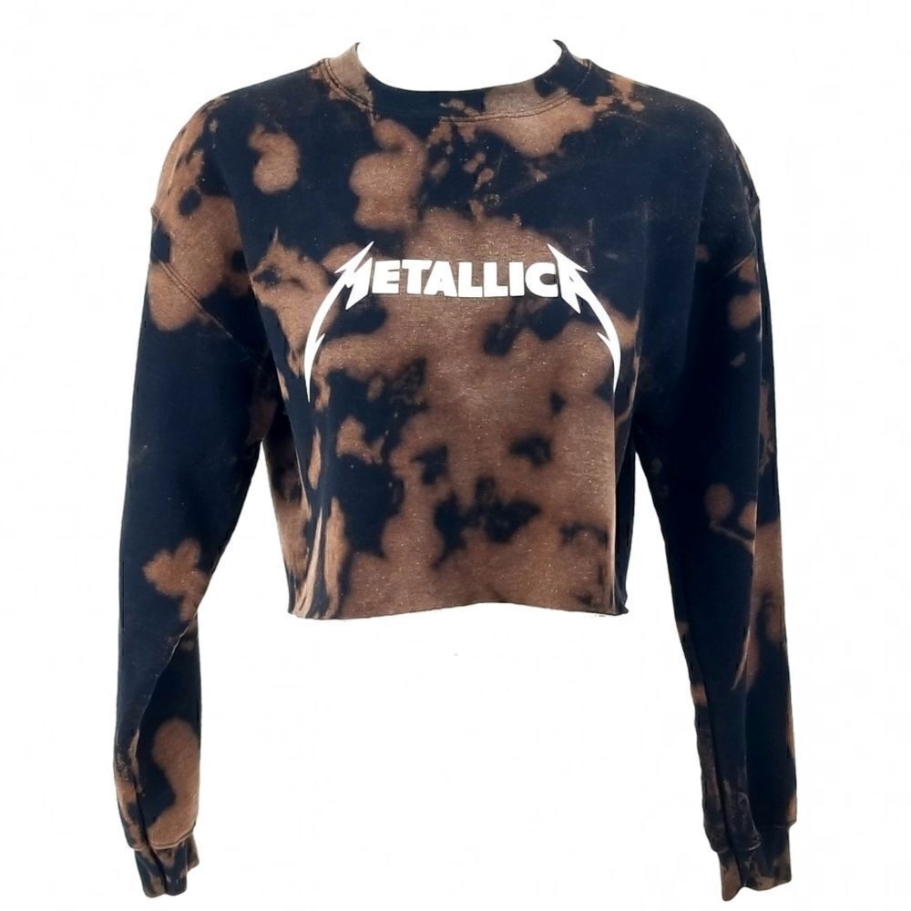 METALLICA Acid Wash, Distressed Cropped Crop Top Long Sleeve Crewneck Sweatshirt